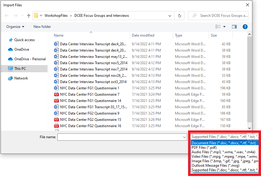 Import Files window at the DCEE Focus Groups and Interviews folder. Supported formats drop-down menu highlighted with Document Files selected.