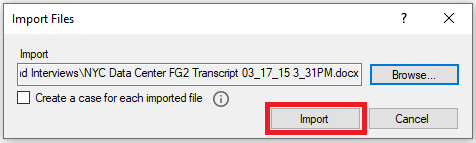 Import Files window with a red box around the Import Button.