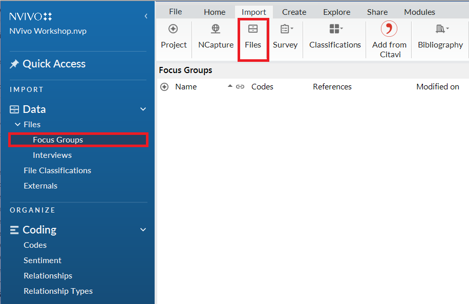 The Focus Groups folder in the left menu is selected and outlined. In the Import Ribbon, Files is outlined.