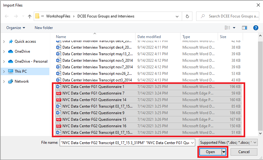 Import Files window at the DCEE Focus Groups and Interviews folder, all NYC Data Center files highlighted and selected. Red box around the open button.