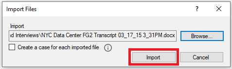 Import Files window with a red box around the Import Button.