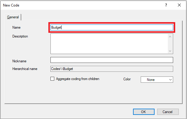 New Node Window with the name field outlined and completed.