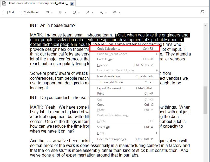 Some interview text selected, with an open context menu and a red box around code.