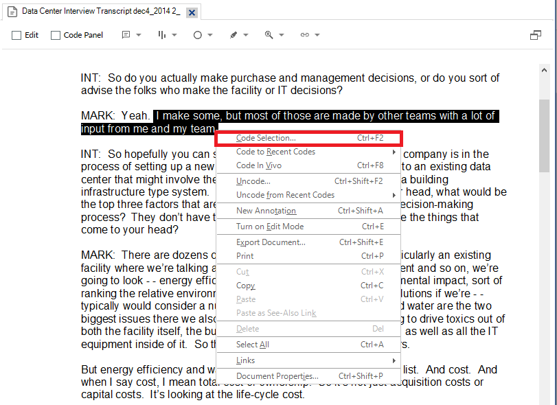 Some interview text selected, with an open context menu and a red box around code.