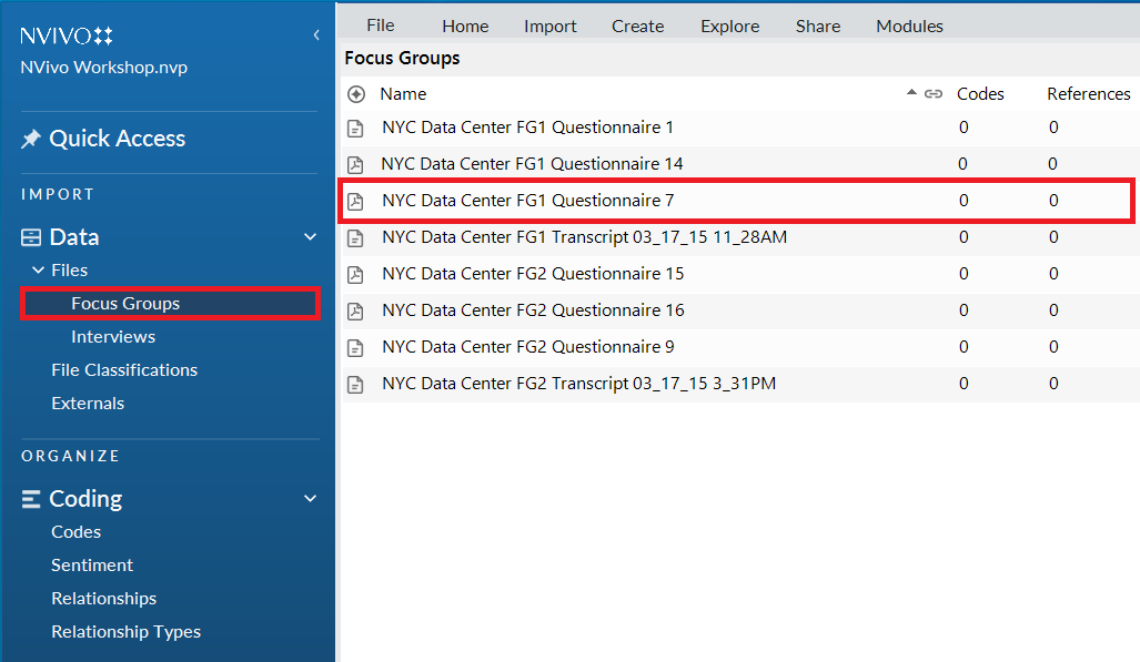 Red box around the Focus groups folder and Questionnaire 7.