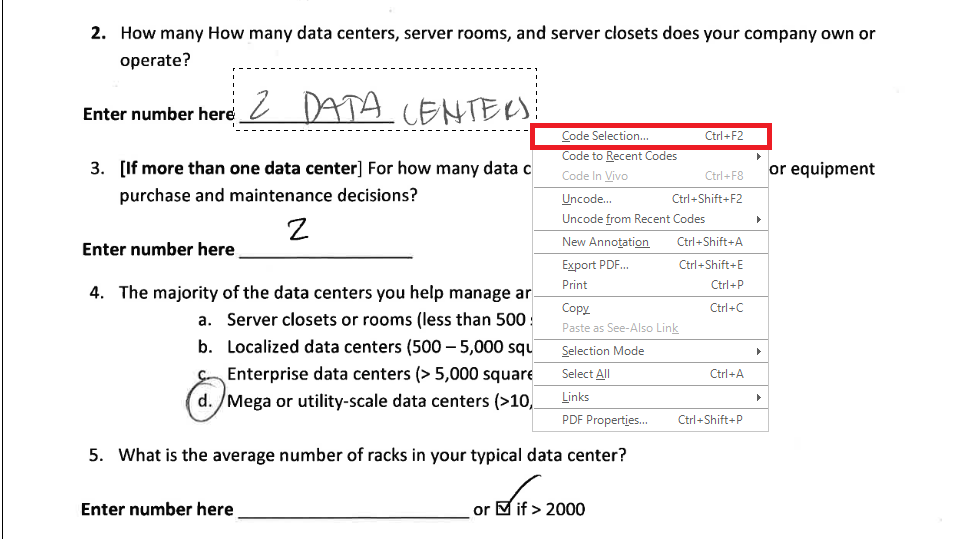 Region box around text with a context menu has the code option highlighted.