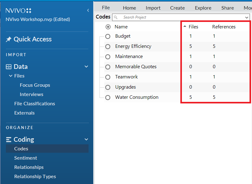 In the node list, the files and references columns are outlined.