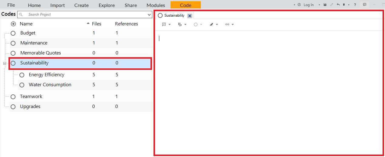 The Sustainability node opened, with no references.
