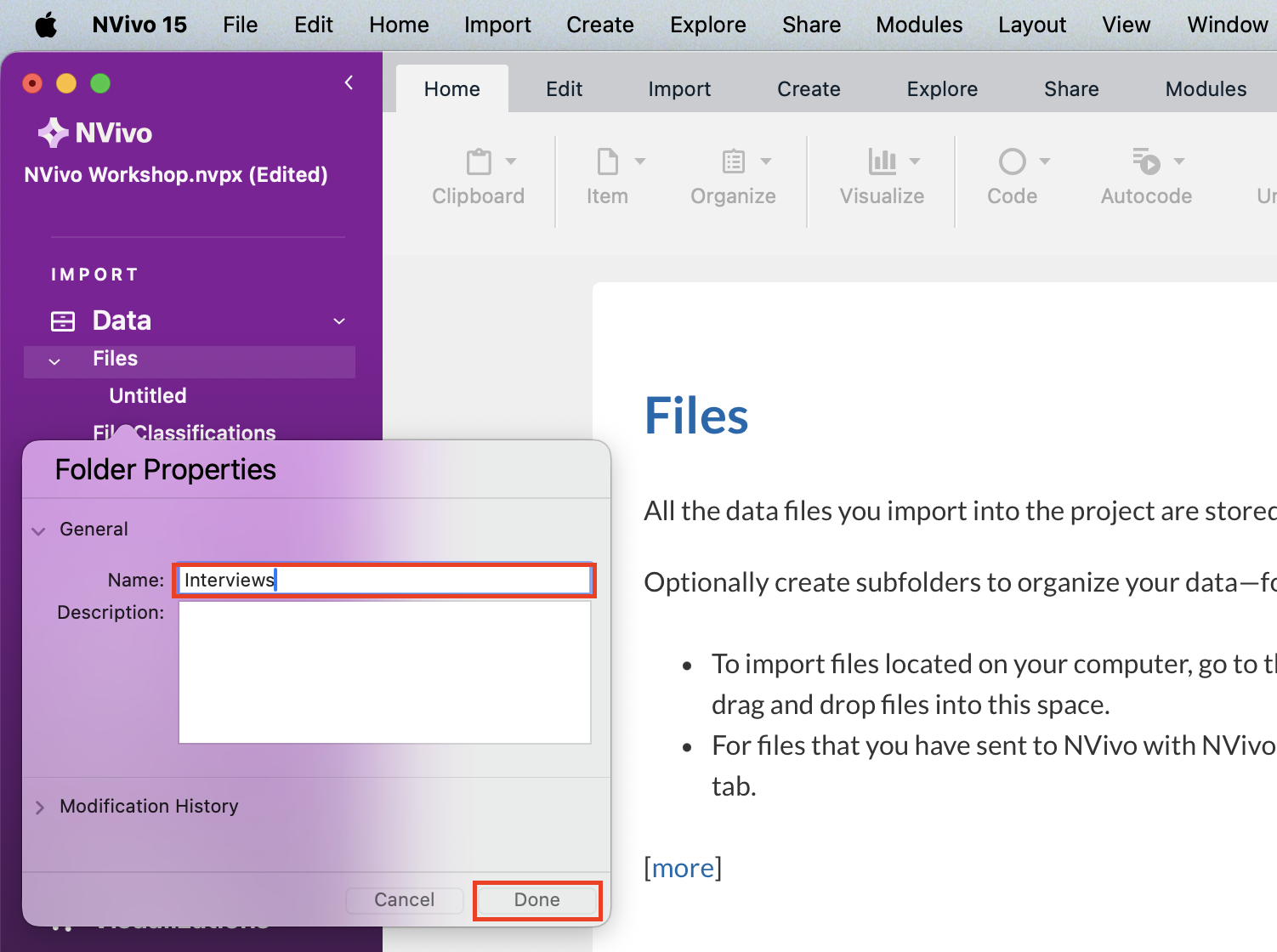 The name of the new folder is Interviews