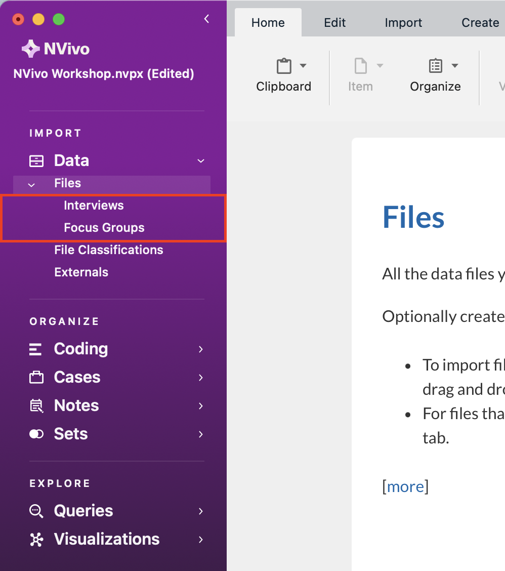 Two folders have been created, Interviews and Focus Groups