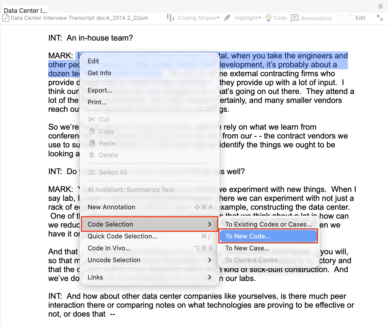 Context menu with Code Selection opened and To New Code... selected.
