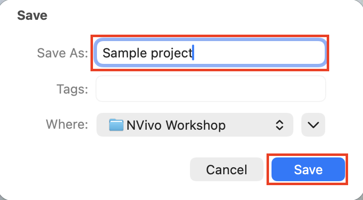 Save window with Sample Project written in the Save As field. Save highlighted.
