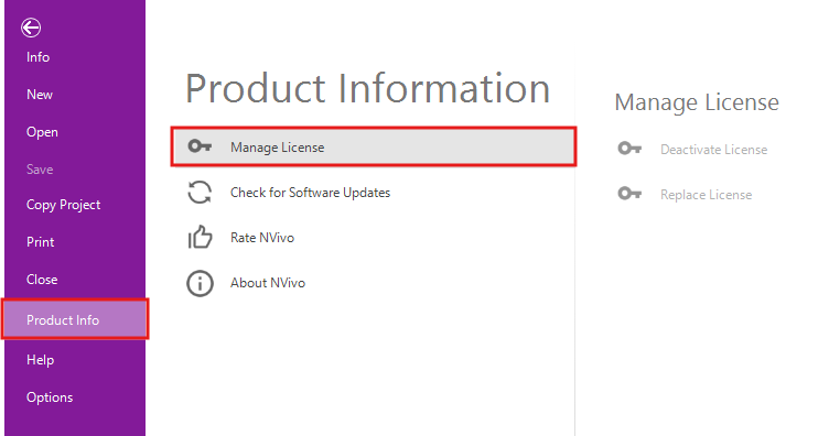 File menu screen with the product info tab and manage license outlined.