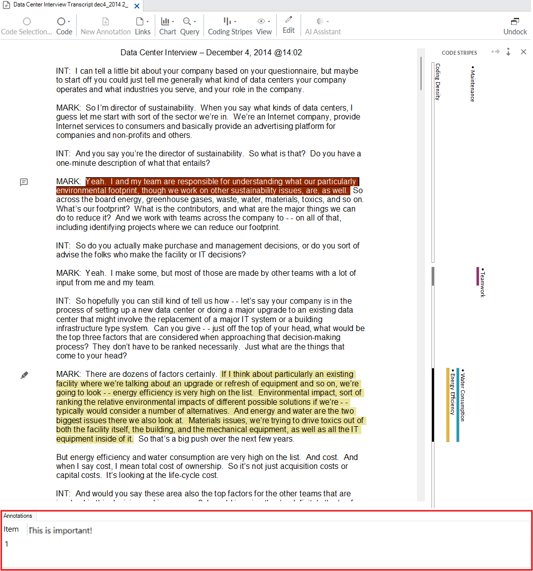 Interview text with an annotated text highlighted in blue and below a table with the annotation outlined in red.