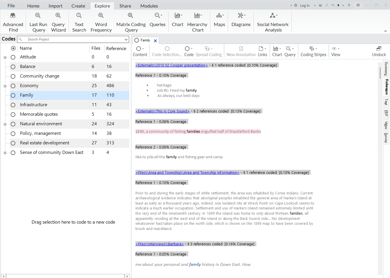 NVivo interface showing that if you double click on Family you see a reference list of family results.