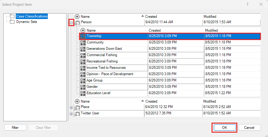 Select Project Items Window with the Case Classifications folder open and township outlined in red.