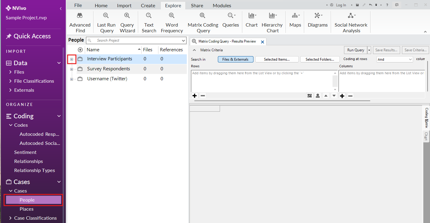 In the left menu, under Cases, a red box around the People folder. In the People folder, a red box around the expand button for Interview Participants.