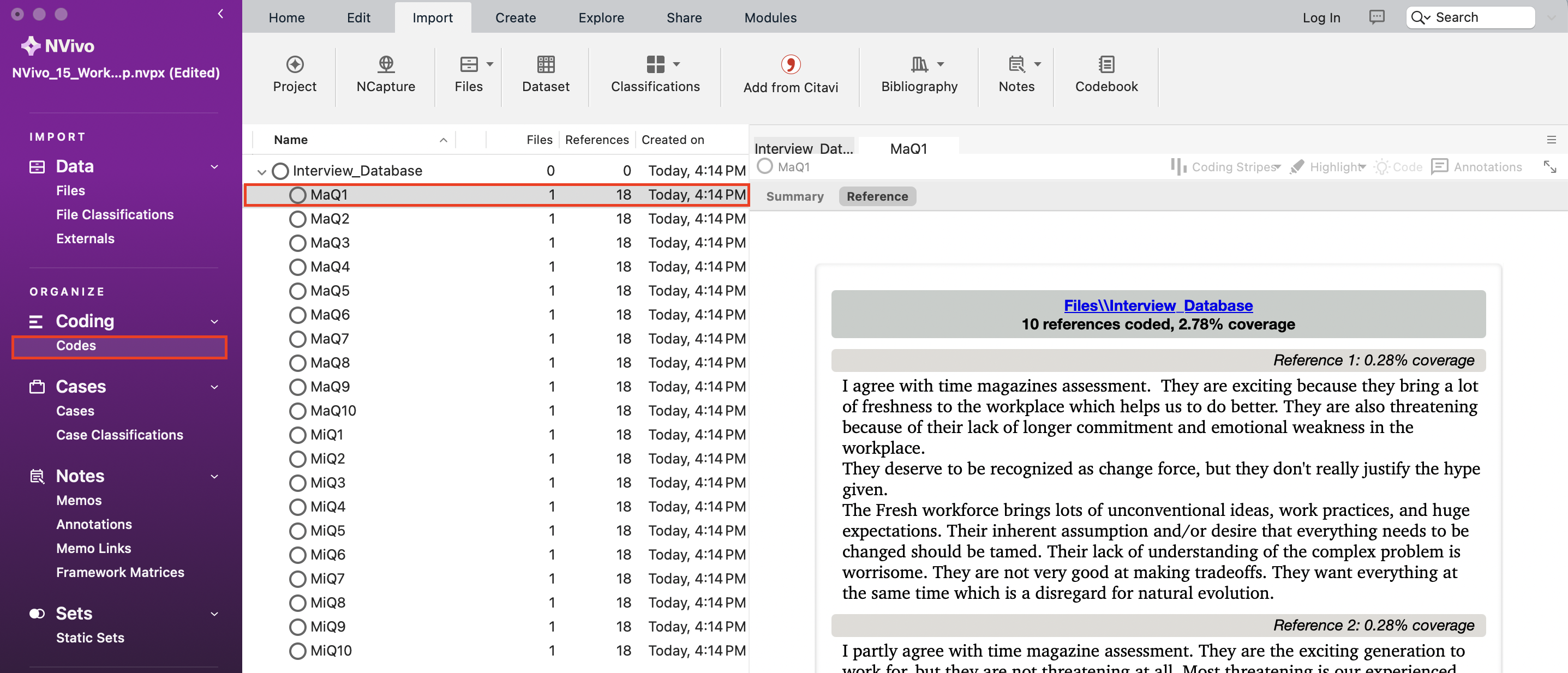 The Codes folder opened with "Interview_Database" expanded and one of the Codes opened.
