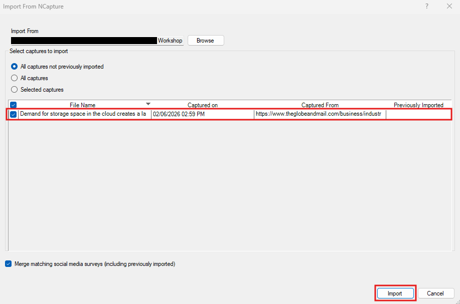Import from NCapture wizard with the NCapture web article download checked off and highlighted. The Import button highlighted.