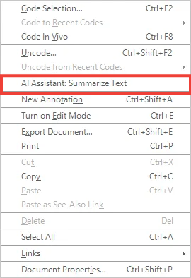 Context menu with 'AI Assistant: Summarize Text' highlighted in Windows