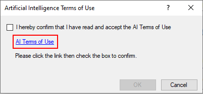 Confirm Artificial Intelligence Terms of Use, with 'AI Terms of Use' highlighted in Windows