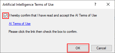 Confirm the Artificial Intelligence Terms of Use by highlighting the checkbox for 'I hereby confirm that I have read and accept the AI Terms of Use' and 'OK' in Windows