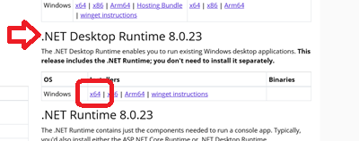 Image showing .Net Desktop Runtime download location