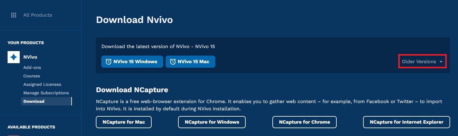 Download NVivo page with "Older Versions" highlighted