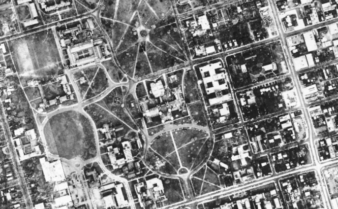 1947 air photo of Queen's Park and the University of Toronto St George campus