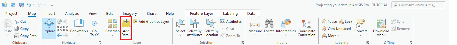 ArcGIS Pro ribbon with Add Data tool found underneath the Maps tab, outlined in red.