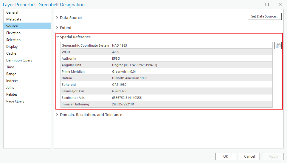 Source tab of Layer Properties, with Spatial Reference menu expanded. 