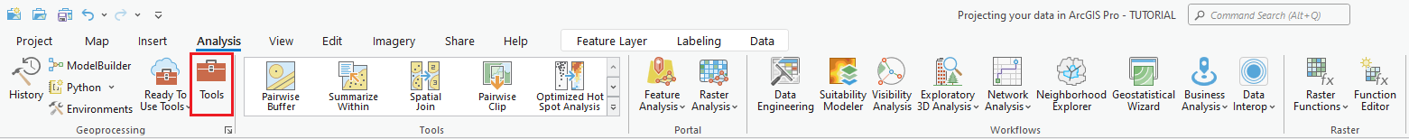 ArcGIS Pro ribbon showing the Tools button found underneath the Analysis tab, outlined in red.