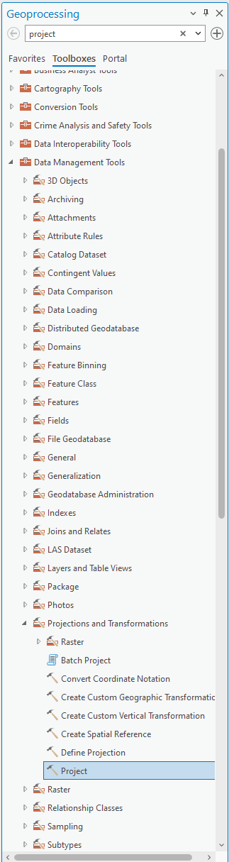 Geoprocessing pane showing the location of the Project tool found by navigating to the Projections and Transformation tab in Data Management Tools.