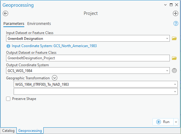 Project tool window with GCS_North_American_1983 as the selected Input Coordinate System.