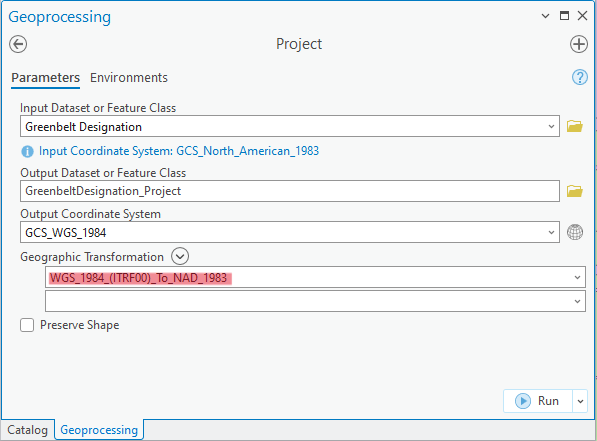 Project tool window with GCS_WGS_1984 as the selected Output Coordinate System, highlighted in red.