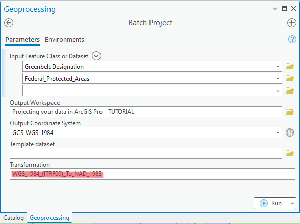 Batch Project window with WGS_1984_(ITRF00)_To_NAD_1983 as the Transformation that has been typed in.