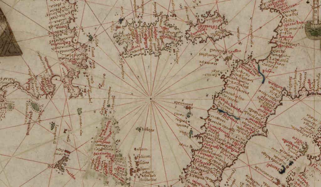 Detail from Mateus Prunes' Chart of the Mediterranean Sea and Western Europe (1559) showing rhumb lines