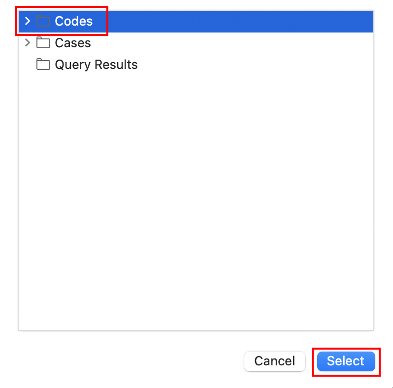 Pop-up window showing option where you can save the results: Codes, Cases or Query Results.