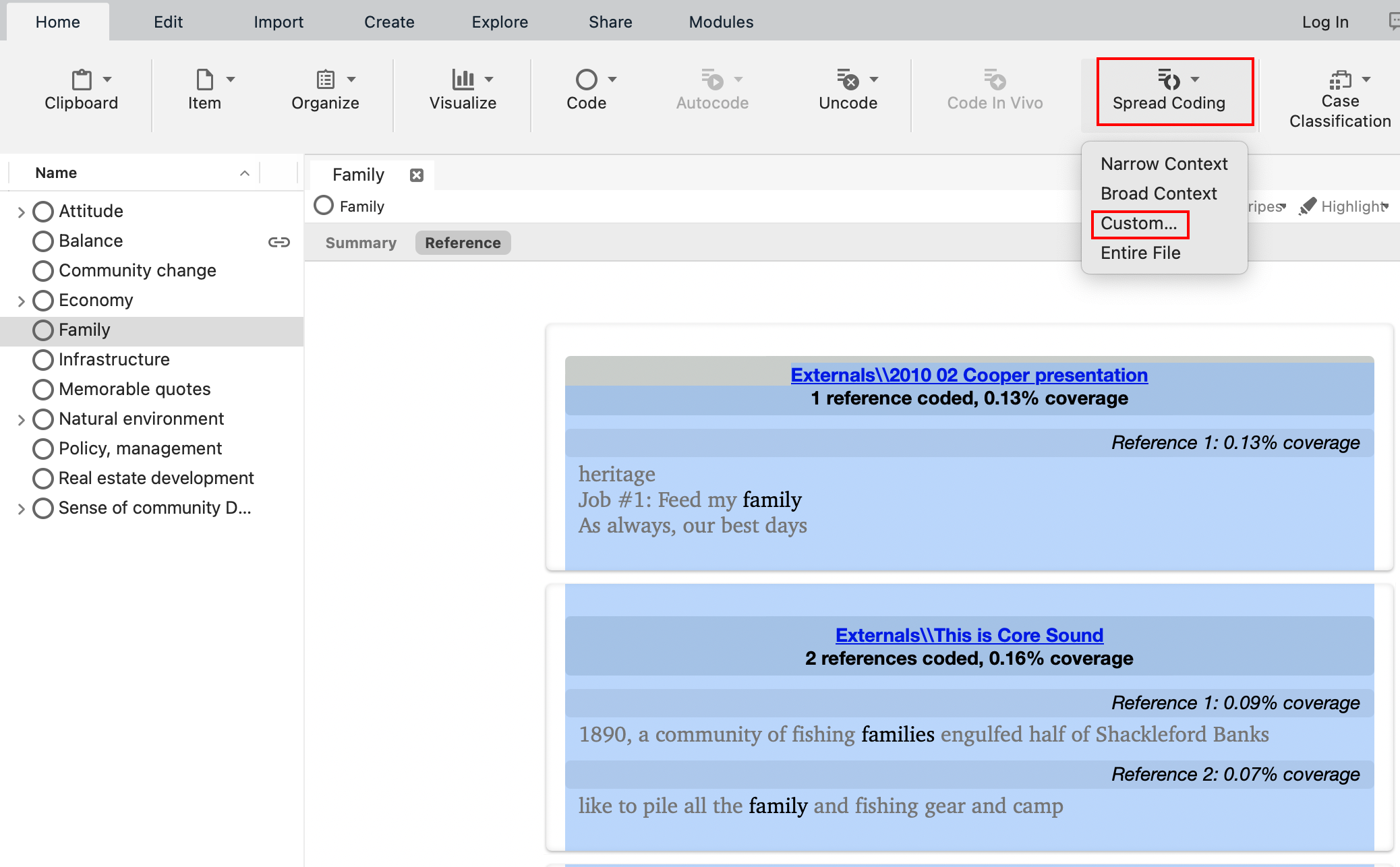 Selecting Custom... from Spread Coding menu drop-down.