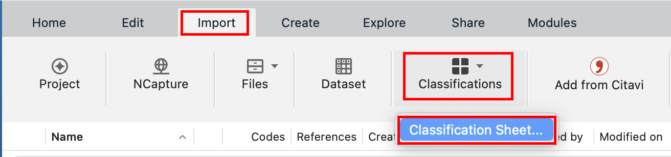 The import menu is highlighted, along with the Classifications submenu and Classification sheet option.