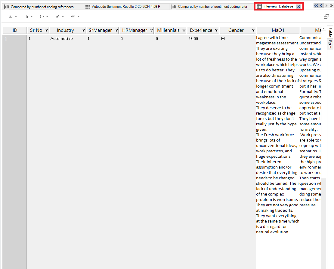 NVivo data tabs opened. The "Interview_Database" tab selected and highlighted.