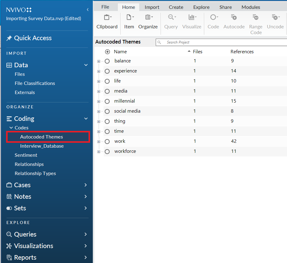 In the left menu, under coding, Codes is expanded and autocoded Themes is selected and highlighted.