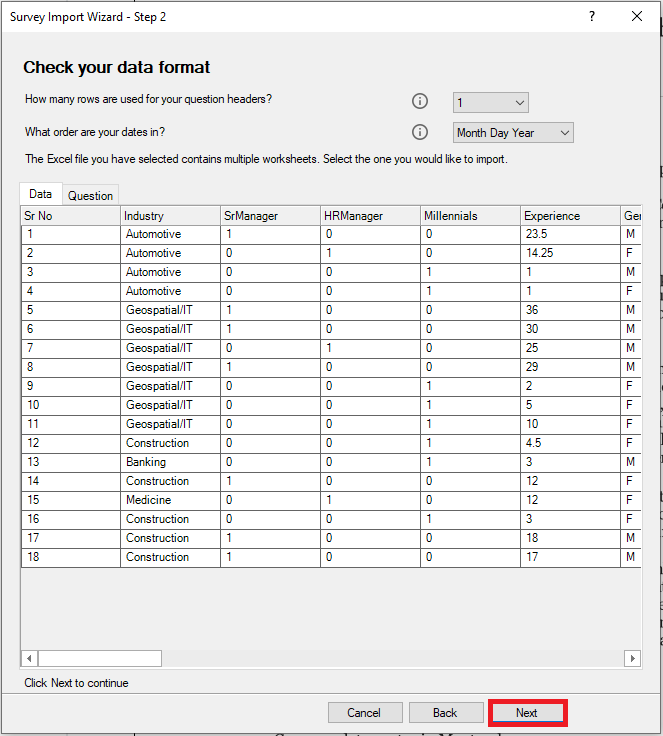 Survey Import Wizard Step 2 with Next highlighted. 