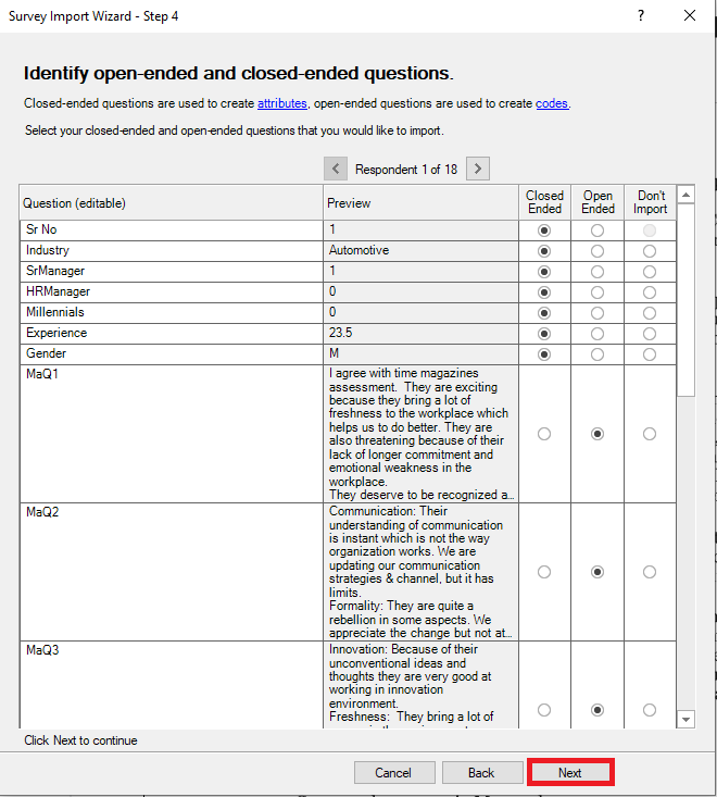 Survey Import Wizard Step 4 with Next highlighted. 