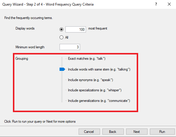 Query Wizard Window with the grouping settings outlined in red.