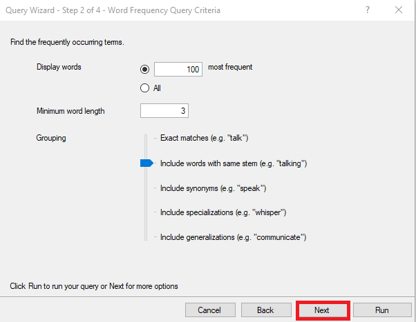 Query Wizard window with Next outlined in red.