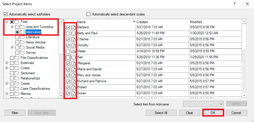 Select Project Items window, File expanded and the Interviews folder selected. Red Box surrounding the file selection, with only the documents selected. Red box around OK.