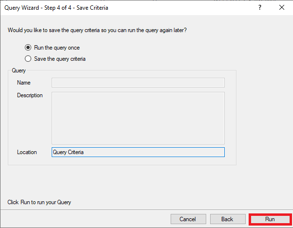 Query Wizard window with red box around Run.