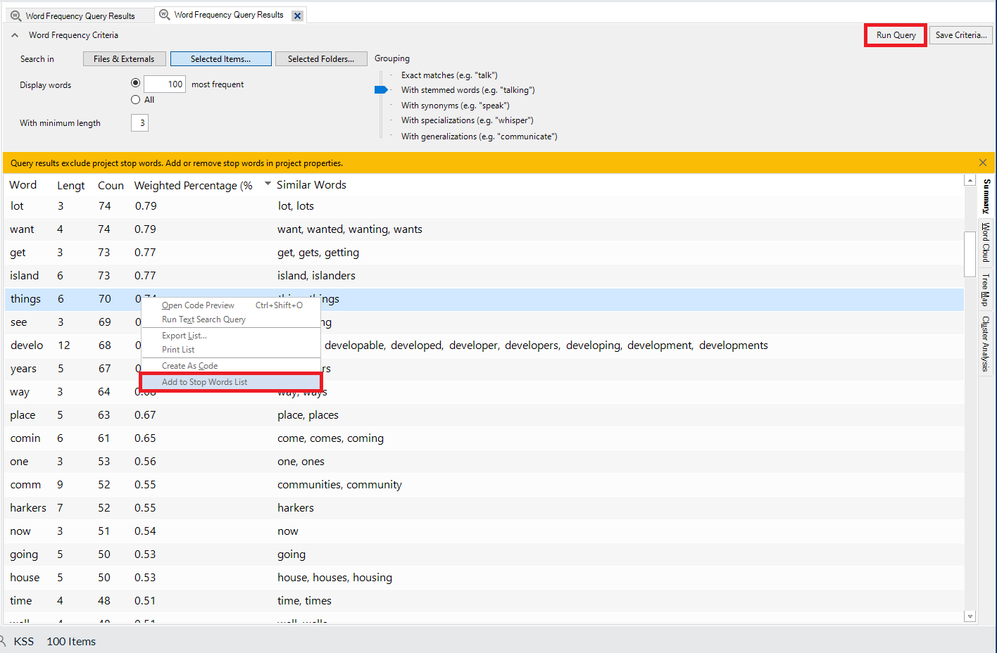 In the results summary, context menu for the word Things open, with the Add To Stop Words option highlighted. Red box around Run Query.