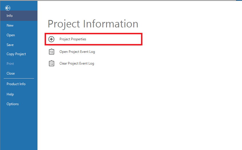 File Menu screen with a red box around Project Properties.